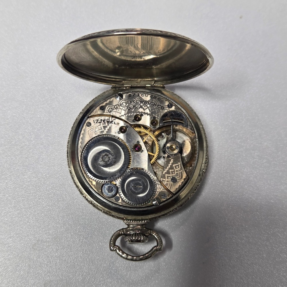 Vintage 1920s Elgin Art Deco Pocket Watch 17 Jewels Engraved White Gold Filled